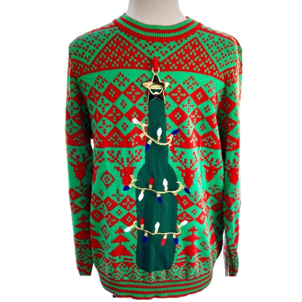 Tipsy Elves Red Green Size Large Ugly Christmas Sweater W/ Bottle Opener